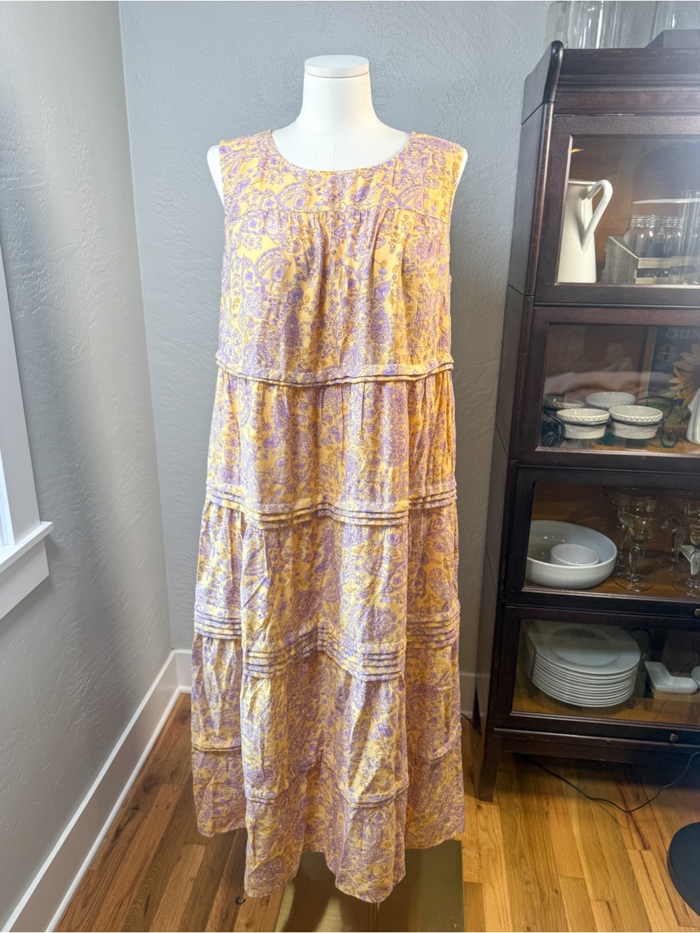 J. Jill Paisley Tiered Maxi Dress Sleeveless Yellow Purple Boho Lined Size XL - Picture 2 of 8